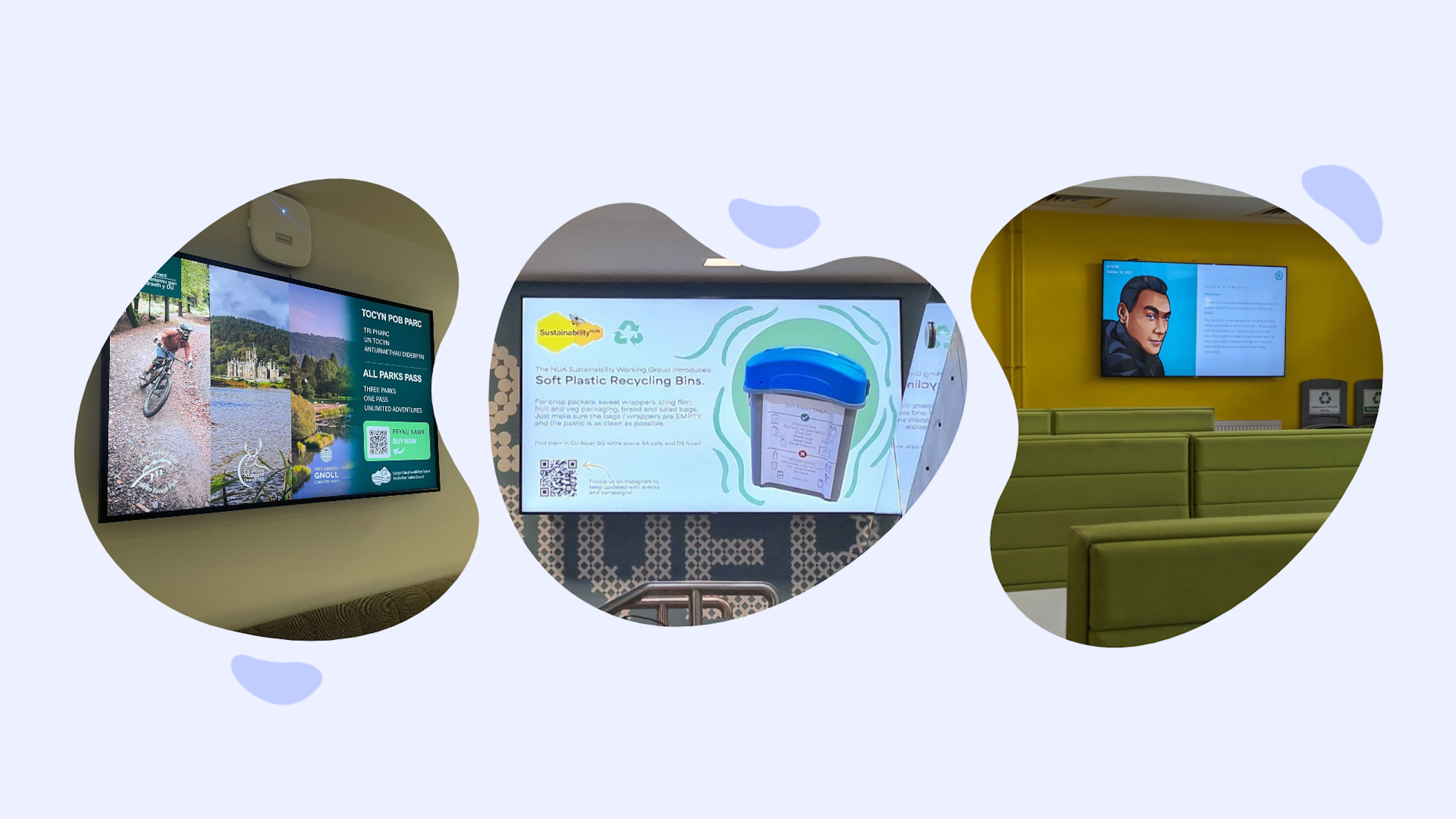A graphic showing 3 photos of digital signage in different settings